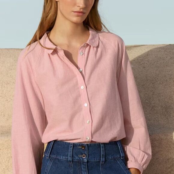 Poetry Cotton Kapok and linen striped blouse in pink and white size 4- EUC - Picture 1 of 15